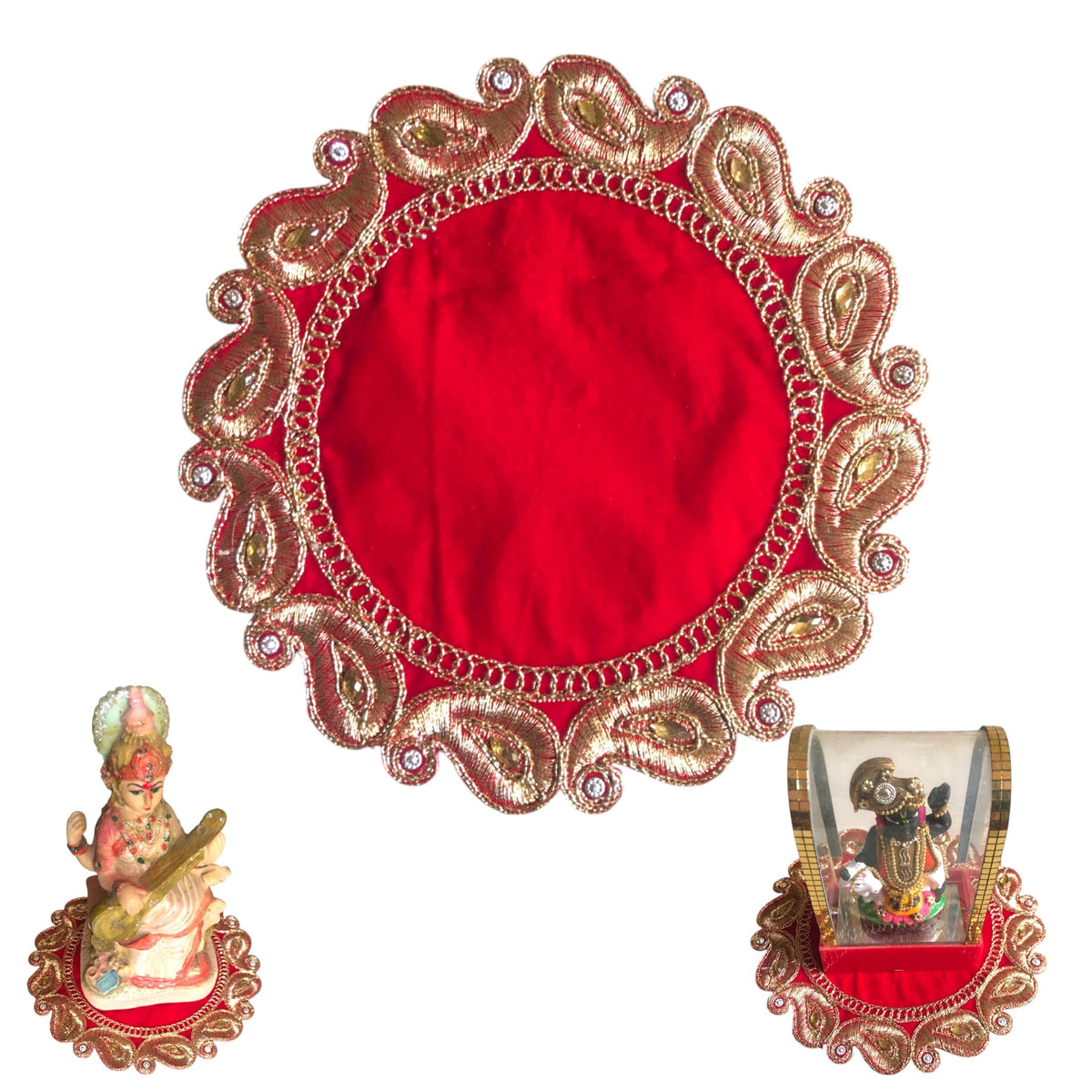 Shraddha Fashion 6 * 6 Inches Heavy Quality 9000 Velvet Embroidery Puja Aasan for Matarani with Heavy Stone Work | Embroidery Puja Altar Cloth for God Temple| Puja Aasan for Idols (Pack of 2 Pieces)