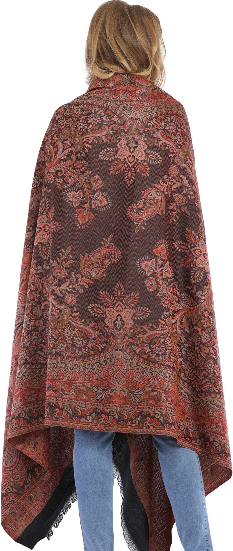 Exotic India Women's Reversible Jamawar with Woven Paisleys Wool Shawl (SWL33--black)