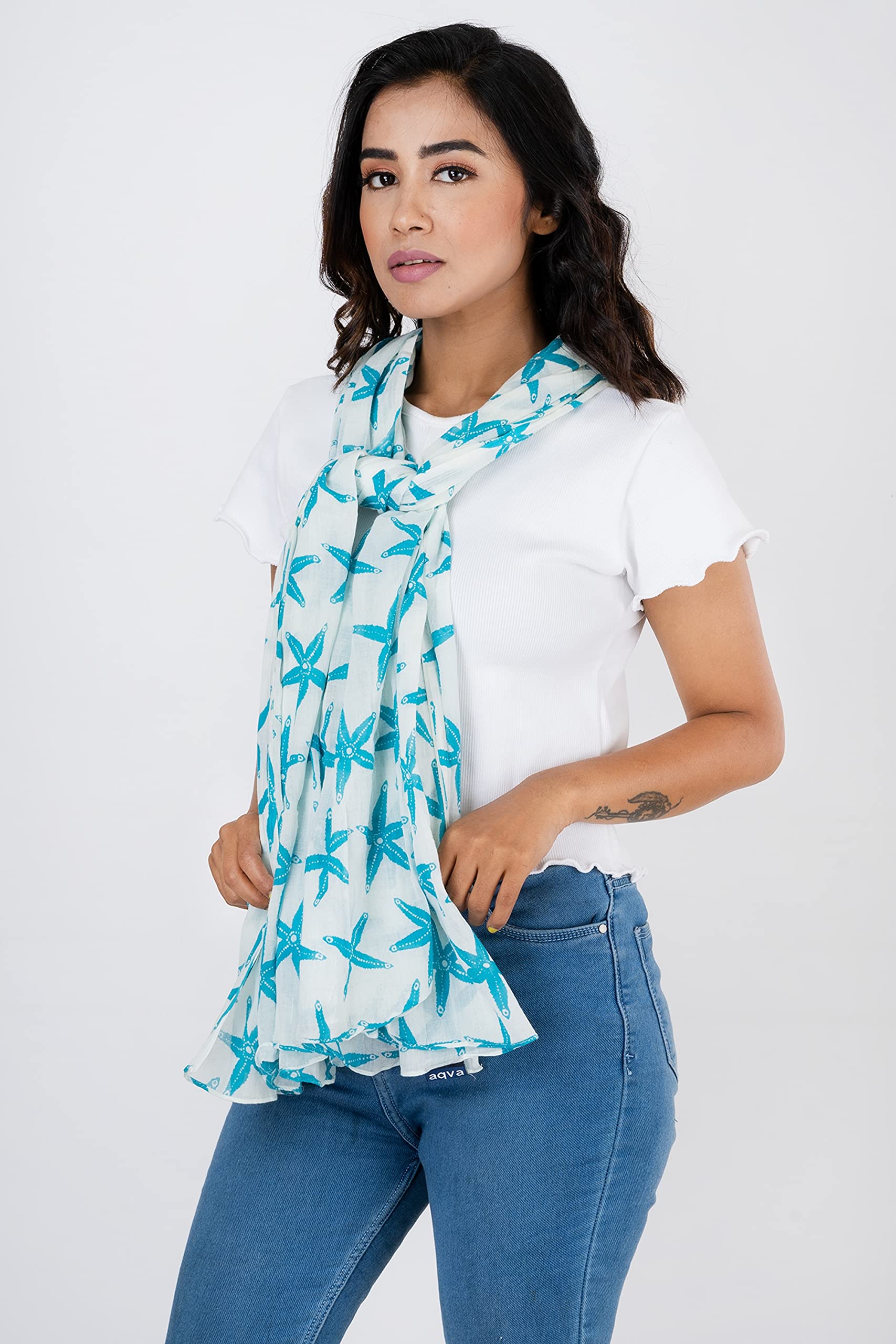 AQVA Printed Cotton Scarf for Women Stylish (starfish Sky) | Head and Face Cover Scarf for Girls with 100% Cotton | Soft & Lightweight Scarves/Stoles for all Weather (72 x 43 in)