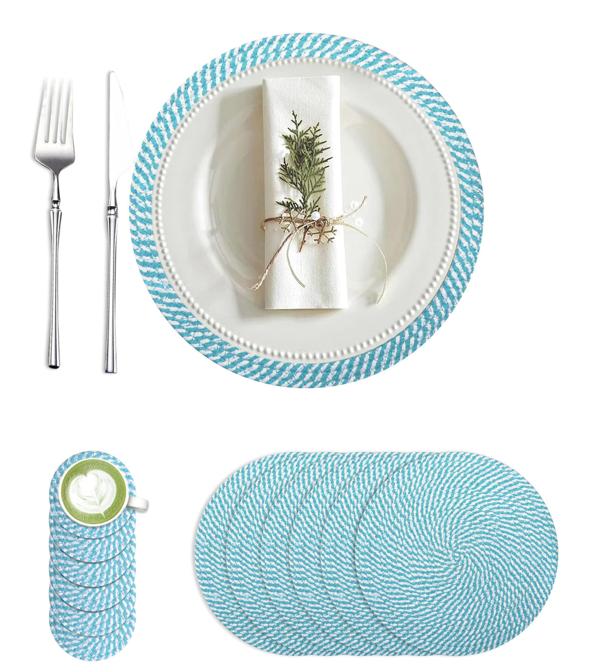 Blissful Cotton Placemats & Coasters Set | Round Woven Design | 6 Placemats (30 CM) + 6 Coasters (11 CM) with Storage | Eco-Friendly, Heat Resistant & Easy to Clean. (Blue) Kafalo
