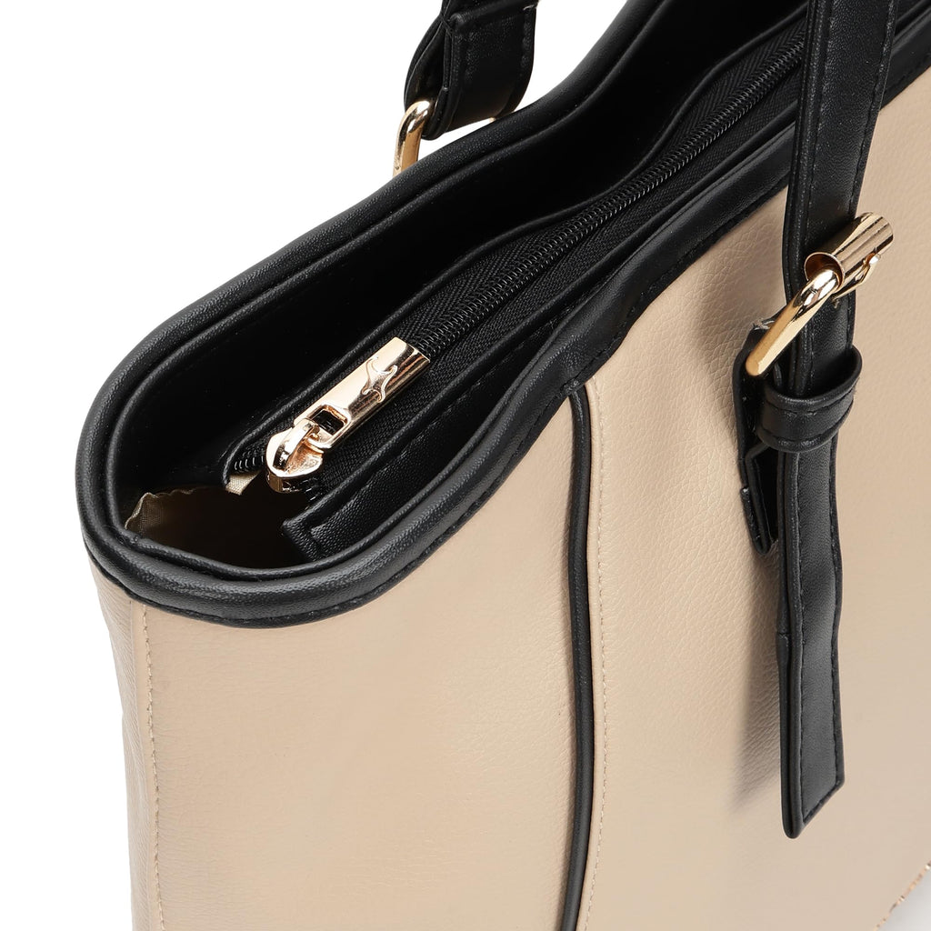 Fastrack Workflix Tote | 15” Laptop-Compatible Women’S Bag | Beige Tote with Black Details & Gold Buckle Accents