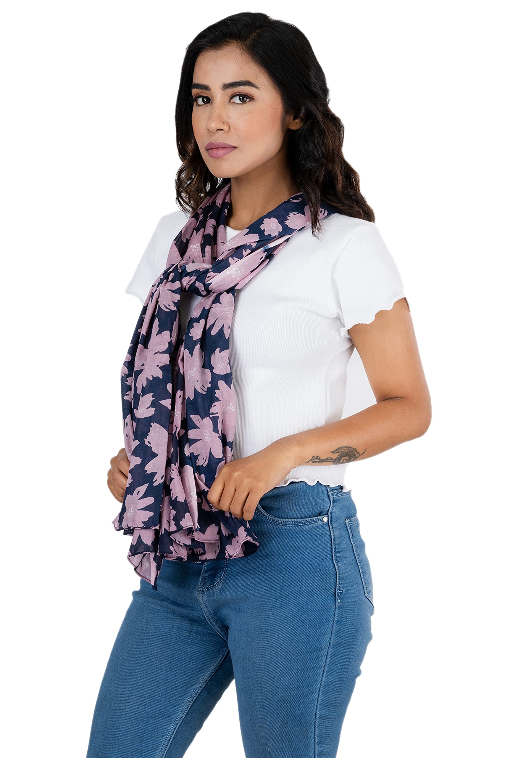 AQVA Printed Cotton Scarf for Women Stylish (Bahar Navy Lilac) | Head and Face Cover Scarf for Girls with 100% Cotton | Soft & Lightweight Scarves/Stoles for all Weather (72 x 43 in)