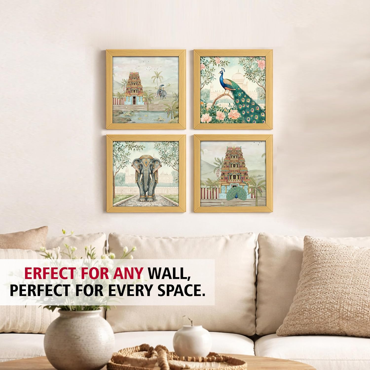 Aesthetic Madhubani Art Paintings For Living Room, Bedroom, Multicolor, Natural Wood Color Frames, 8.0 x 8.0 inch, Set of 4 kafalo
