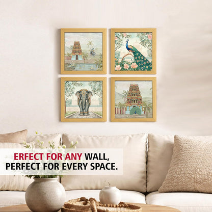 Aesthetic Madhubani Art Paintings For Living Room, Bedroom, Multicolor, Natural Wood Color Frames, 8.0 x 8.0 inch, Set of 4