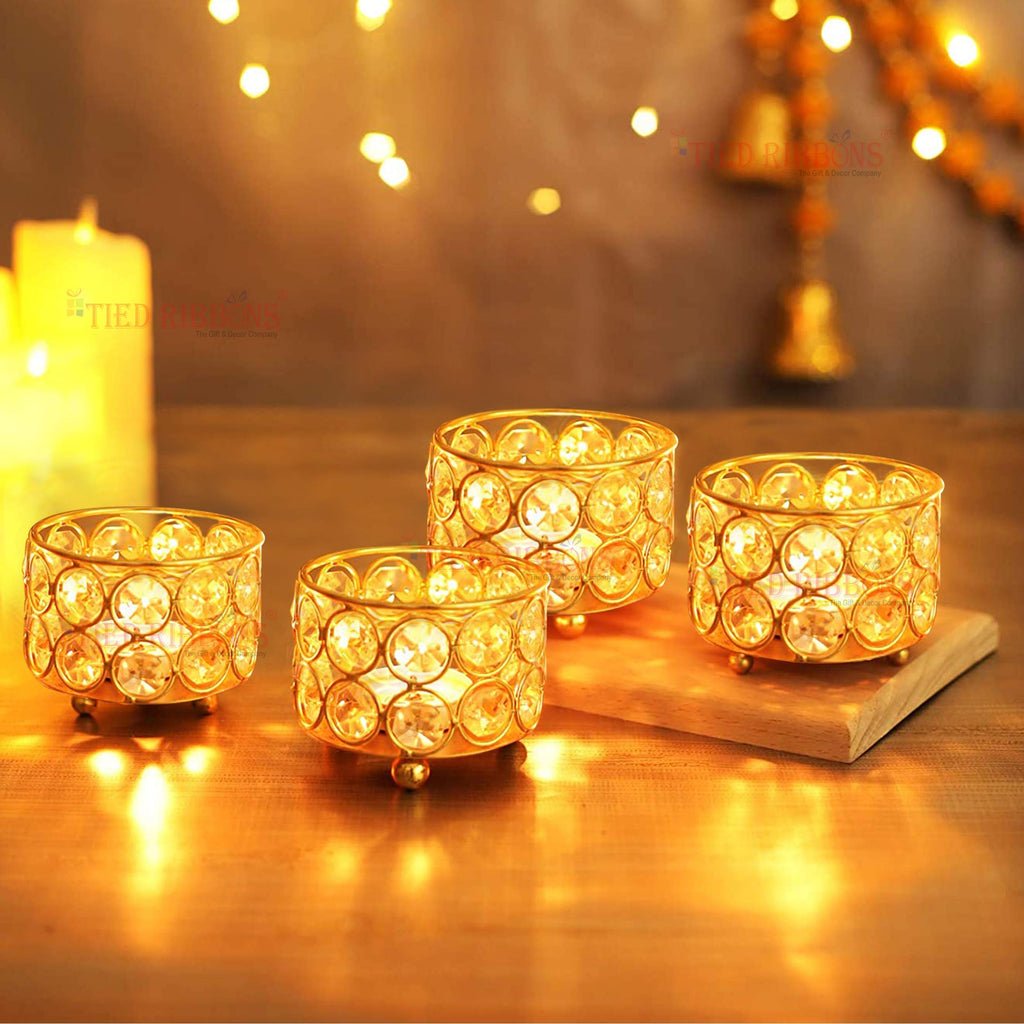 TIED RIBBONS Pack of 4 Crystal Tealight Candle Holder Centerpieces Votive Candle Holders - Decorations Items for Home Dining Table (5.8 cm X 4.3 cm) - Home Décor - Gifts Item