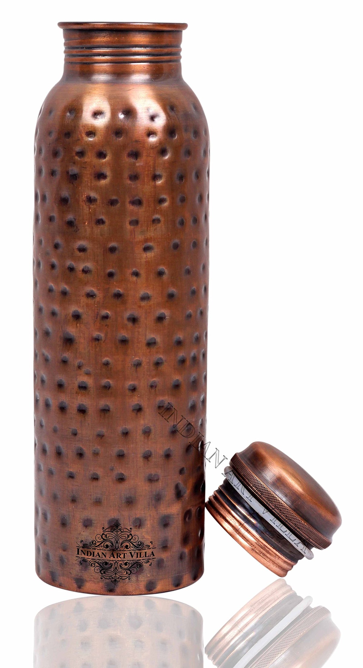 INDIAN ART VILLA Pure Copper Water Bottle with Antique Dark Hammered Design, Drinkware, Storage Purpose, Volume-900 ML
