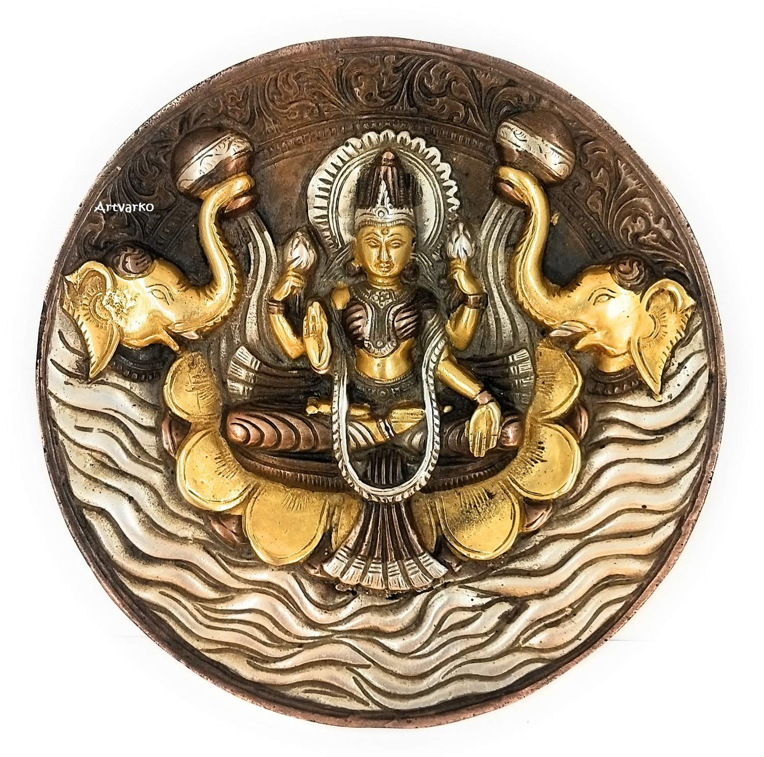 ARTVARKO Goddess Lakshmi Carved Brass Gajalakshmi Laxmi Devi Idol Entrance Door Wall Decor Hanging (Copper Gold & Silver Finish 7.5 Inch)