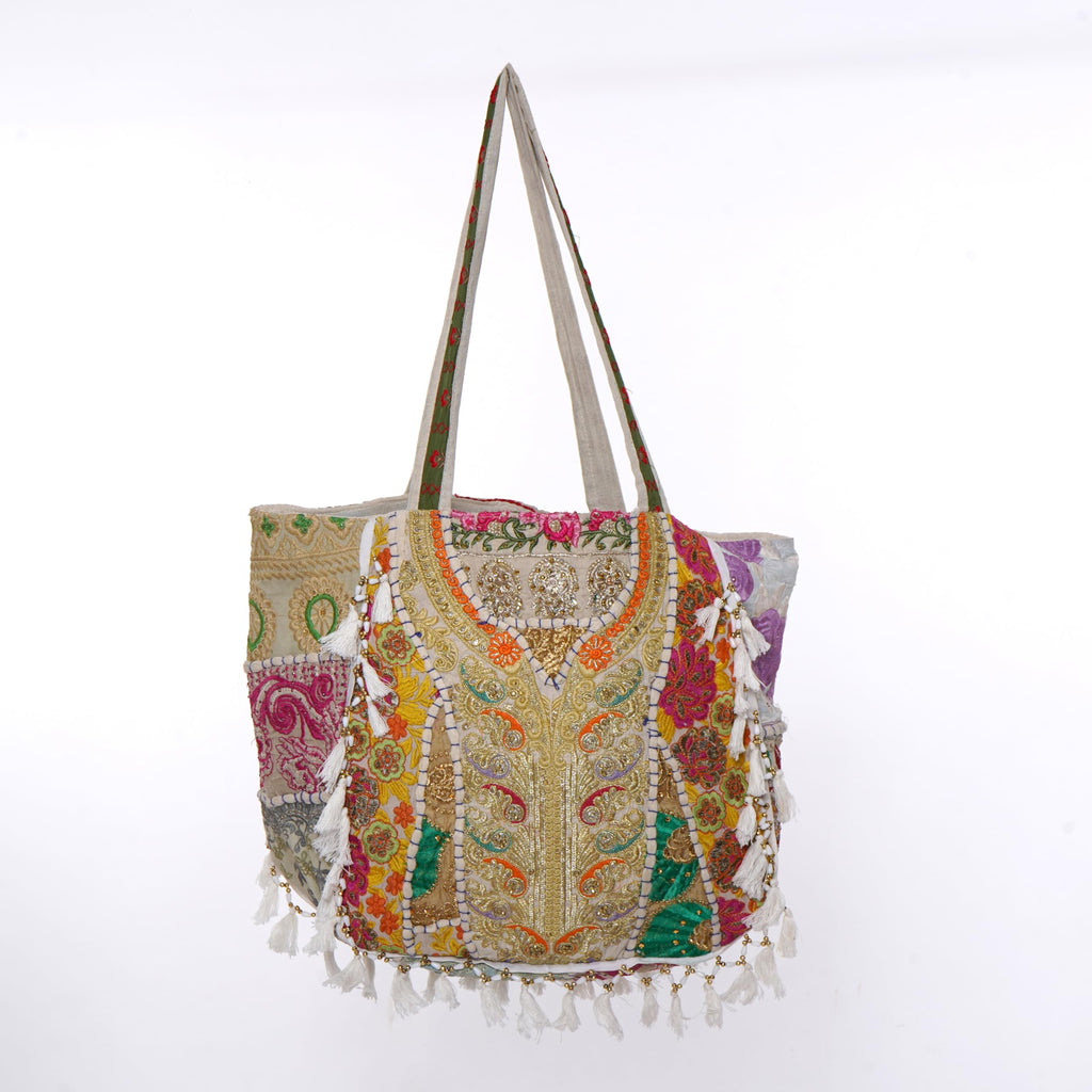 PREET GALLERY Handmade Cotton Patchwork Tote Bag, Multicolour, Double Handle|Women's Shoulder Bag, Pure Cotton Tote Bag, Handmade Patchwork Design (Off White Multicolor)