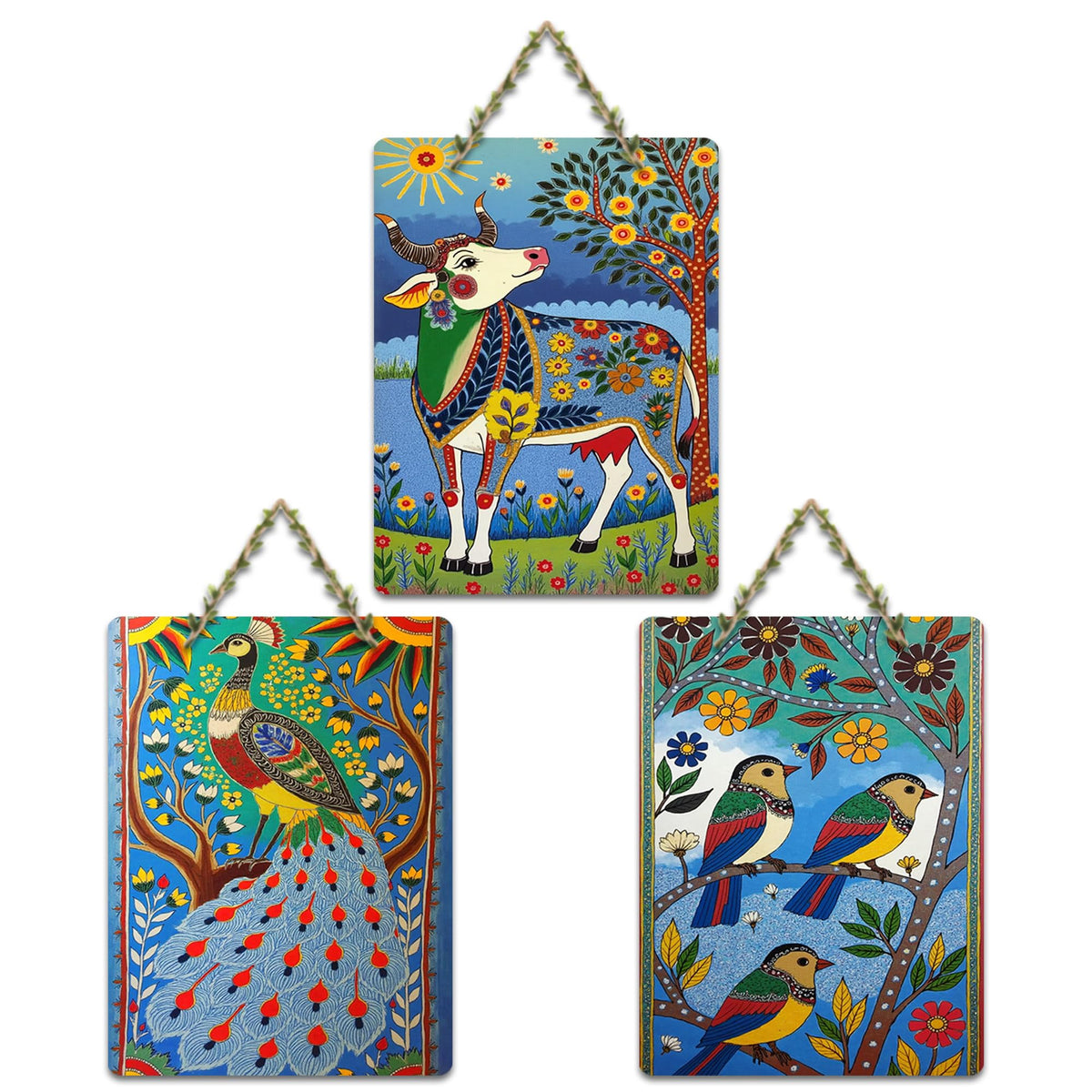 Artvibes Colorful Cow Birds And Peacock Decorative Wall Hanging Ornaments | Garden Balcony | Decoration Wall Hanging Items | Trendy Decor | Aesthetic Wooden Decor | Unique Gift (WH_9681N), Set of 3