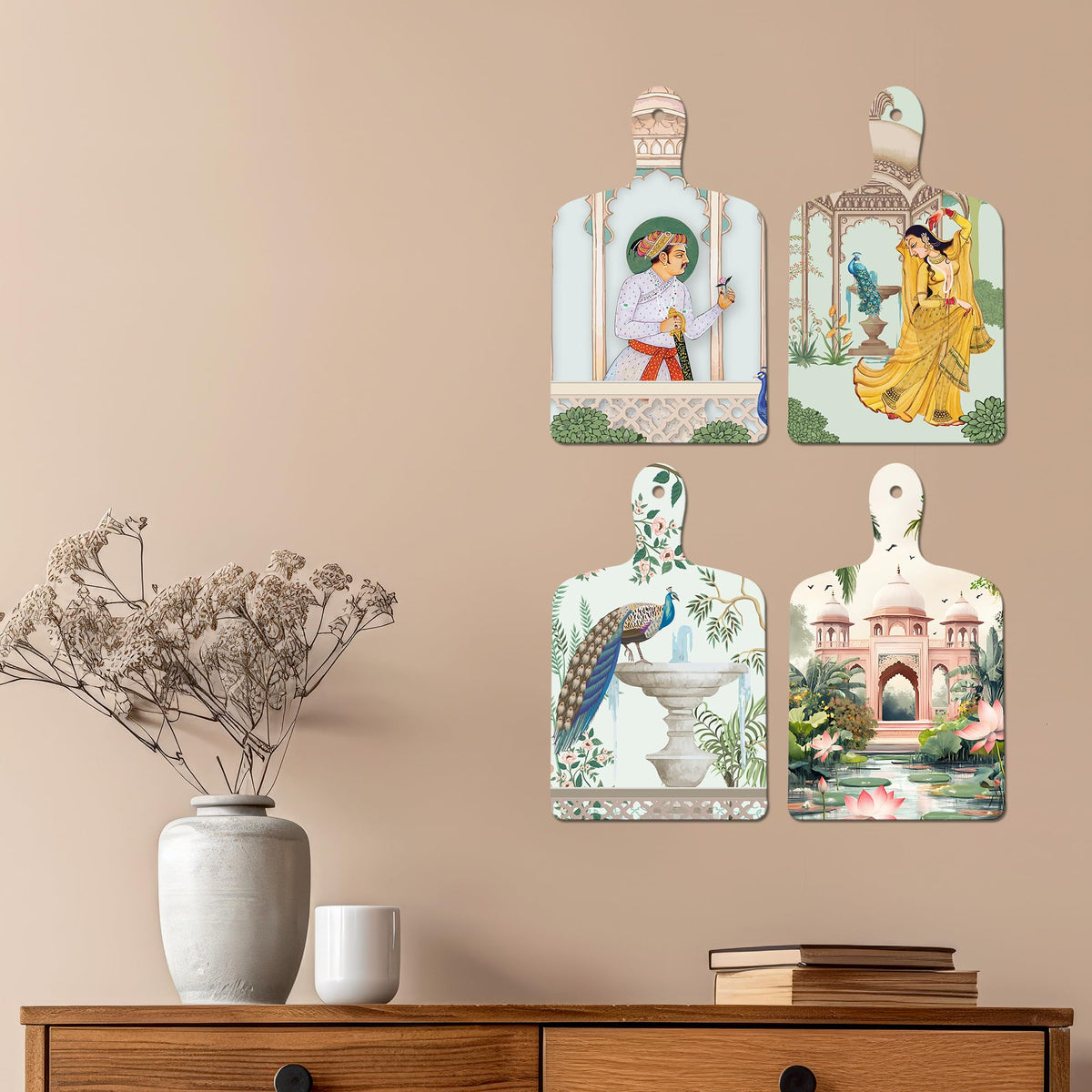 Artvibes Tomb Dancing Women & Peacock Royal Pichwai Art Decorative Wall Hanging Ornaments | Printed Wall Decoration | Graphic Artwork | Wall Illustrations | Sceneries | Gift Items (WH_5625N), Set of 4