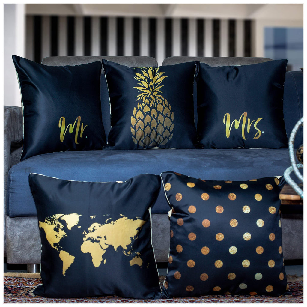 Vendola Decorative Satin Sofa Cushion Cover Set of 5, 12 inch x 12 inch, Sofa Pillow Cover,Small Cushion Covers 12x12, Black and Gold, Raven Design, Zipper Closure (Raven, 12X12 Inches)