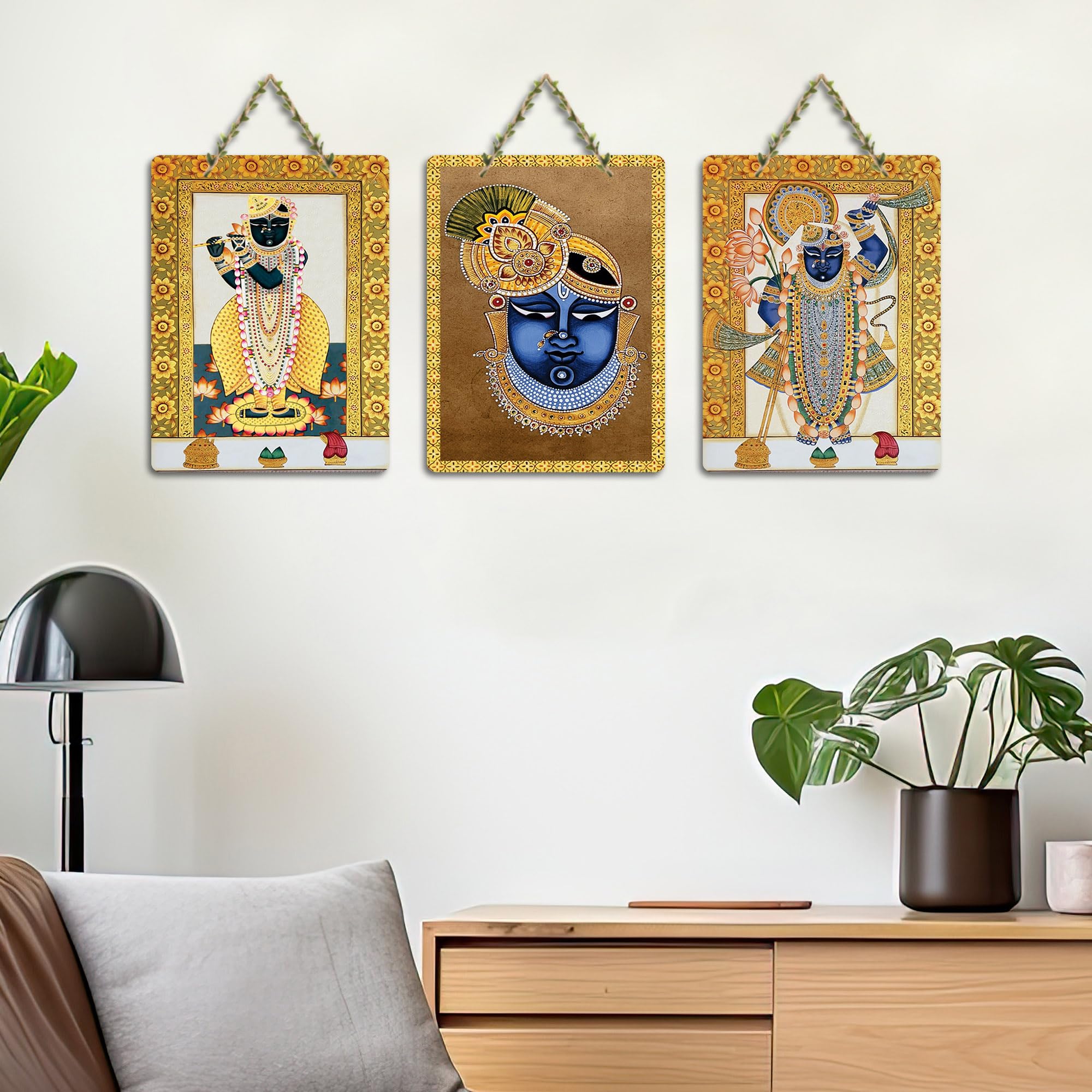Artvibes Sacred Shreenathji Wall Hanging Home Decorative Wall Art for Prosperity | Spiritual Decor Items | Wall Poster | Graphic Art| Stylish Modern Decor Item | Gift Items (WH_96184N), Set of 3