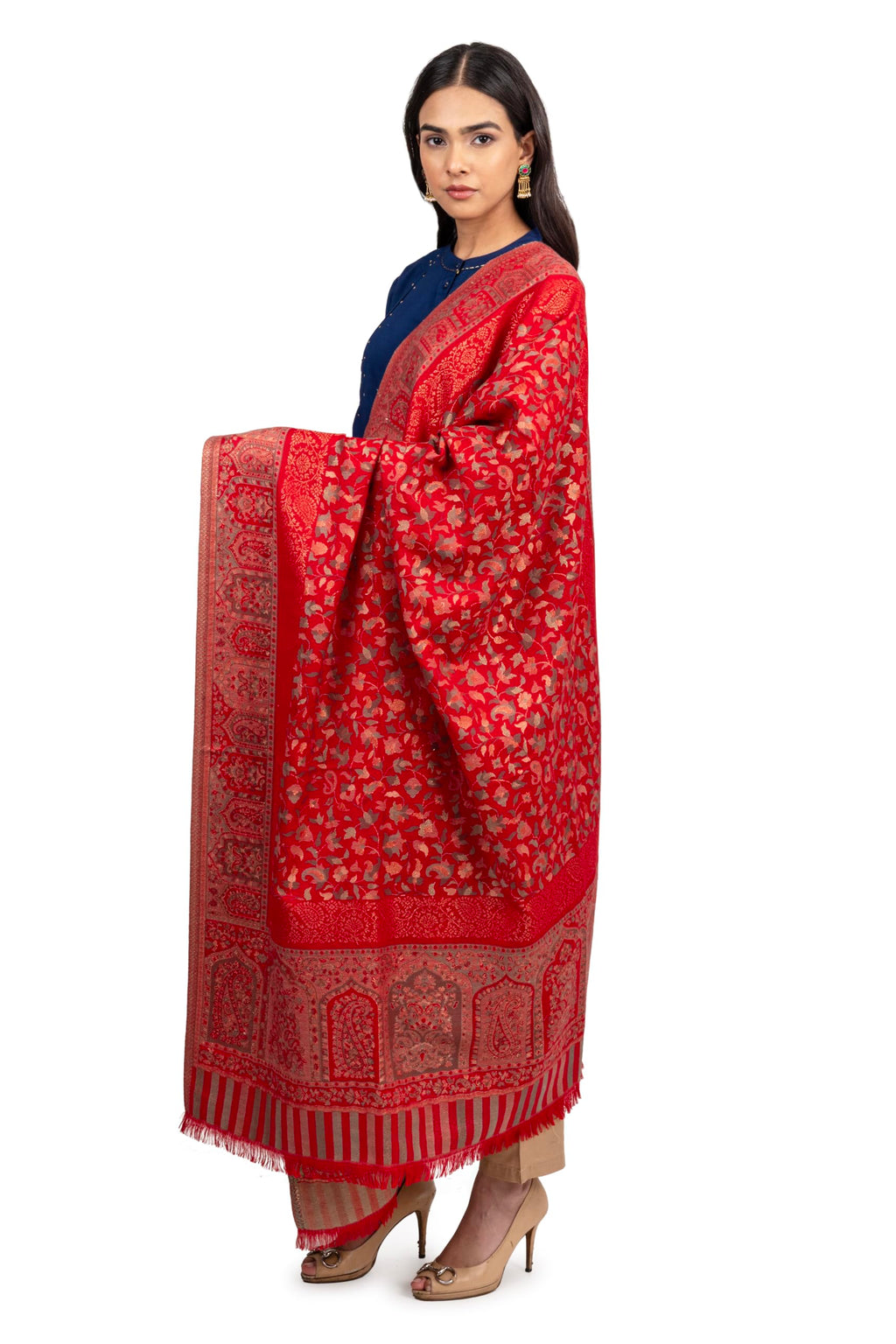 Naureen Women Faux Pashmina Kani Shawl with Mughal Artwork and Zari Accents, Warm and Soft, 40x80 inch