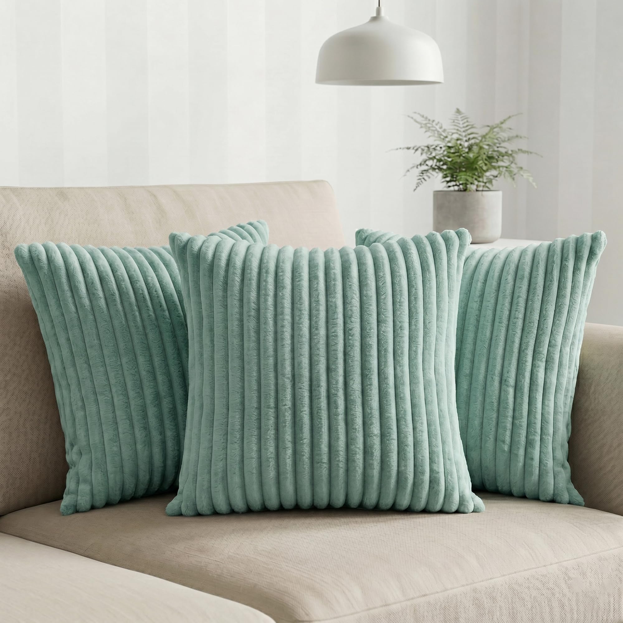 Yellow Weaves Pencil-Stripe Fur Cushion Covers | Soft Polyester | Decorative Sofa & Throw Pillow Covers | 16x16 Inches, Pack of 3 (Sea Green)