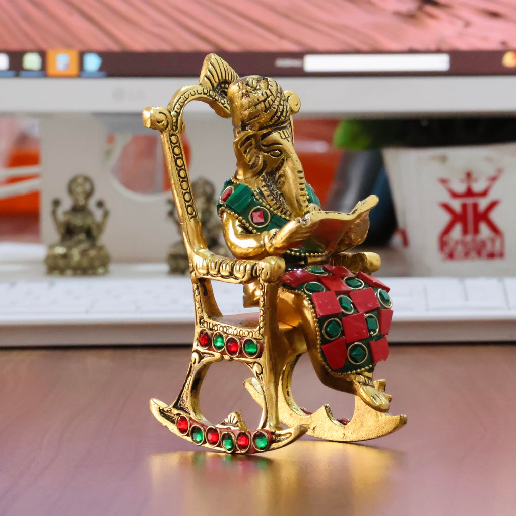 KridayKraft Chair Ganesha ji Reading Book with Stone Work,Ganesha Metal Statue,Ganpati Murti Idol for Pooja & Home,Office Décor Ganesh Idol Religious Showpiece for Decoration & Gifting Article