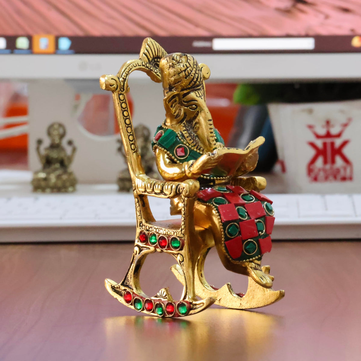 KridayKraft Chair Ganesha ji Reading Book with Stone Work,Ganesha Metal Statue,Ganpati Murti Idol for Pooja & Home,Office Décor Ganesh Idol Religious Showpiece for Decoration & Gifting Article