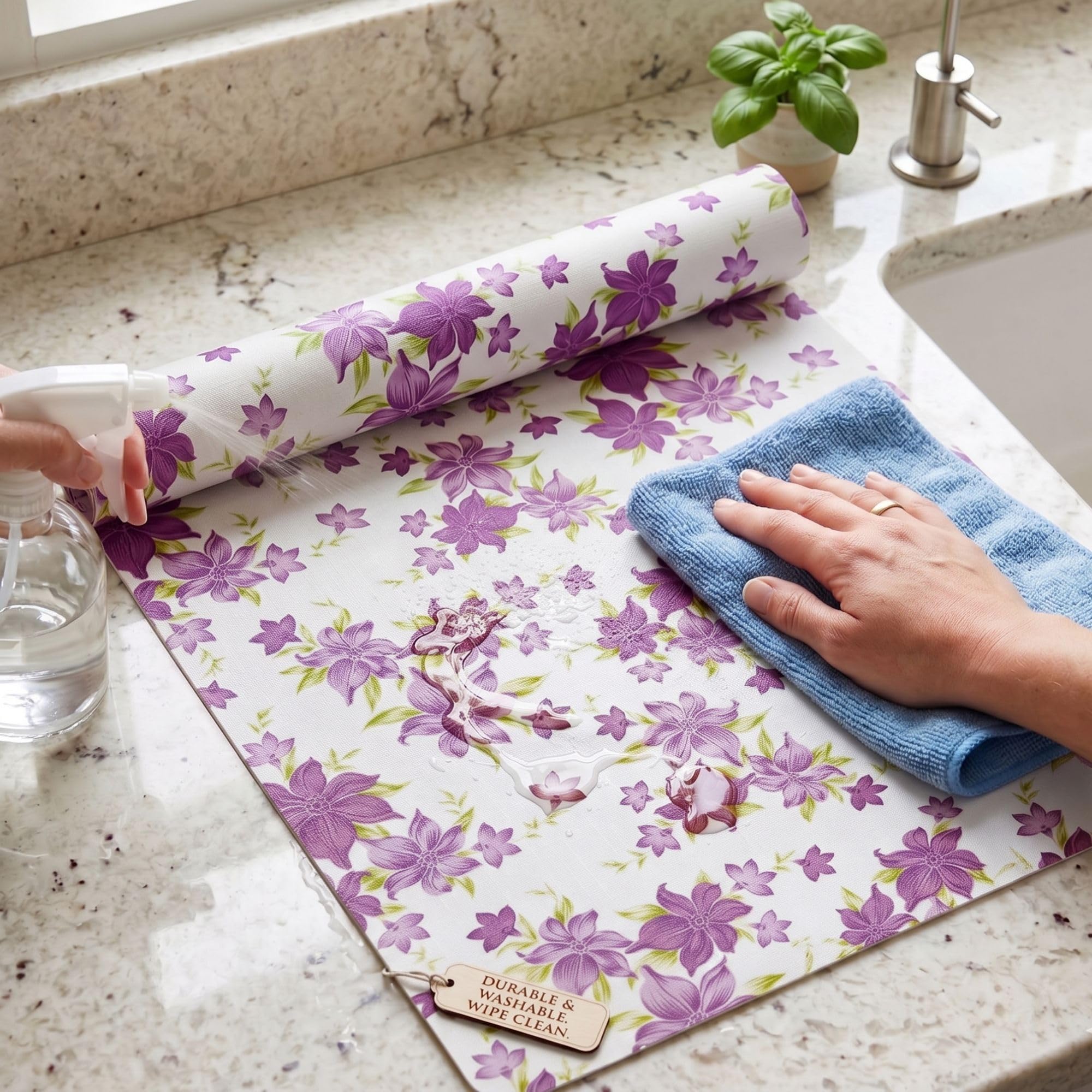 MUSHIES Premium Purple Floral Pattern Placemat Roll (5 Metre x 17 Inch) | Multipurpose Kitchen Mat, Dining Table Mat, Fridge Mat, Wardrobe & Drawer Shelf Liner Kafalo