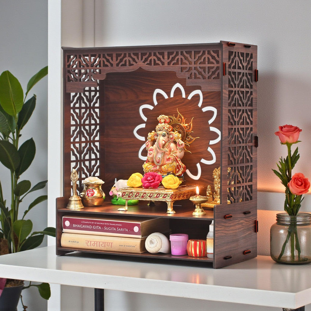 Gift Kya De GKD Wooden Beautiful Pooja Stand for Home Mandir | Temple for Home and Office Puja Mandir for Office Wall with LED Spot Light Product (H- 18, L- 16, W-8.75 Inch) (Big Om)
