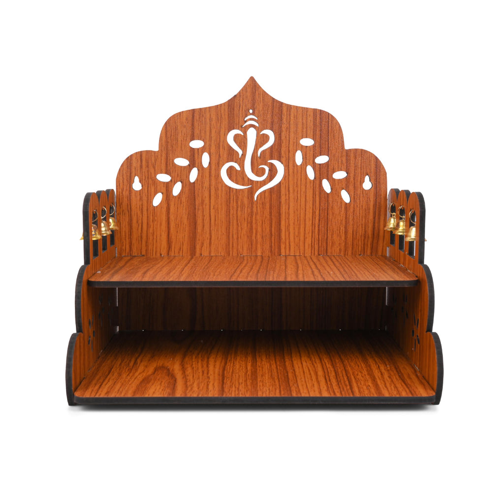 Gojeeva Engineered Wood Hand Crafted Ganesh Ji Pattern Home Temple for Puja Temple for Home and Office l Puja Stand l Wooden Mandir, Puja Shelve, Designer Wooden Shelve for Office (Brown) (Pack of 1)