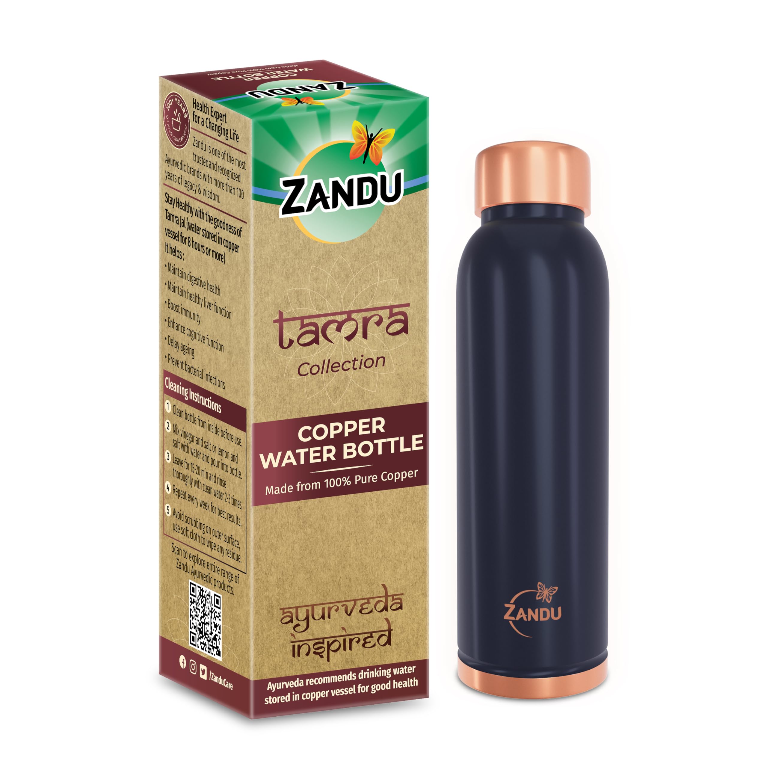 Zandu Copper Bottle (Blue): Prepared with 100% Pure Copper |Supports Digestive & Liver Health | Helps Enhance Immunity| Useful in Promoting Overall Health (Pack of 950 ml)