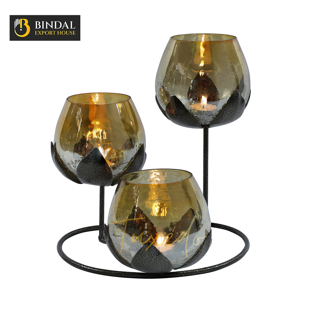 Tuxédo 3pc Ancient Bronze - Gold Glass Candle Holders - 3- Candlesticks Holders Gold Glass Candle for Home Decoration Dinning Table Decoration Candle Wedding Holiday Décor