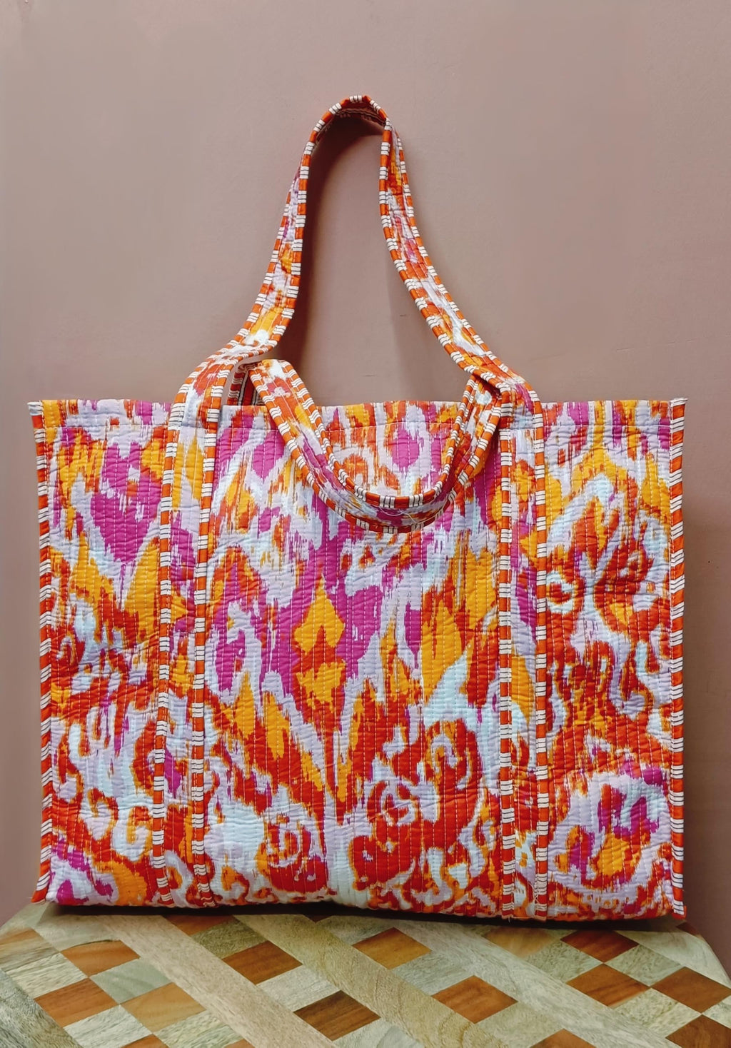 HOUSE OF GULAB Tote Bag for Women Stylish Canvas Handbag with Long Handle Inside Pocket Shoulder Bag Shopping College Office Travel Tote Bag for Girls Daily Use Fashion Bag (Pink & White & Orange)