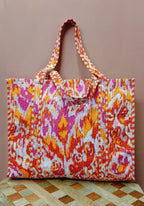 HOUSE OF GULAB Tote Bag for Women Stylish Canvas Handbag with Long Handle Inside Pocket Shoulder Bag Shopping College Office Travel Tote Bag for Girls Daily Use Fashion Bag (Pink & White & Orange)