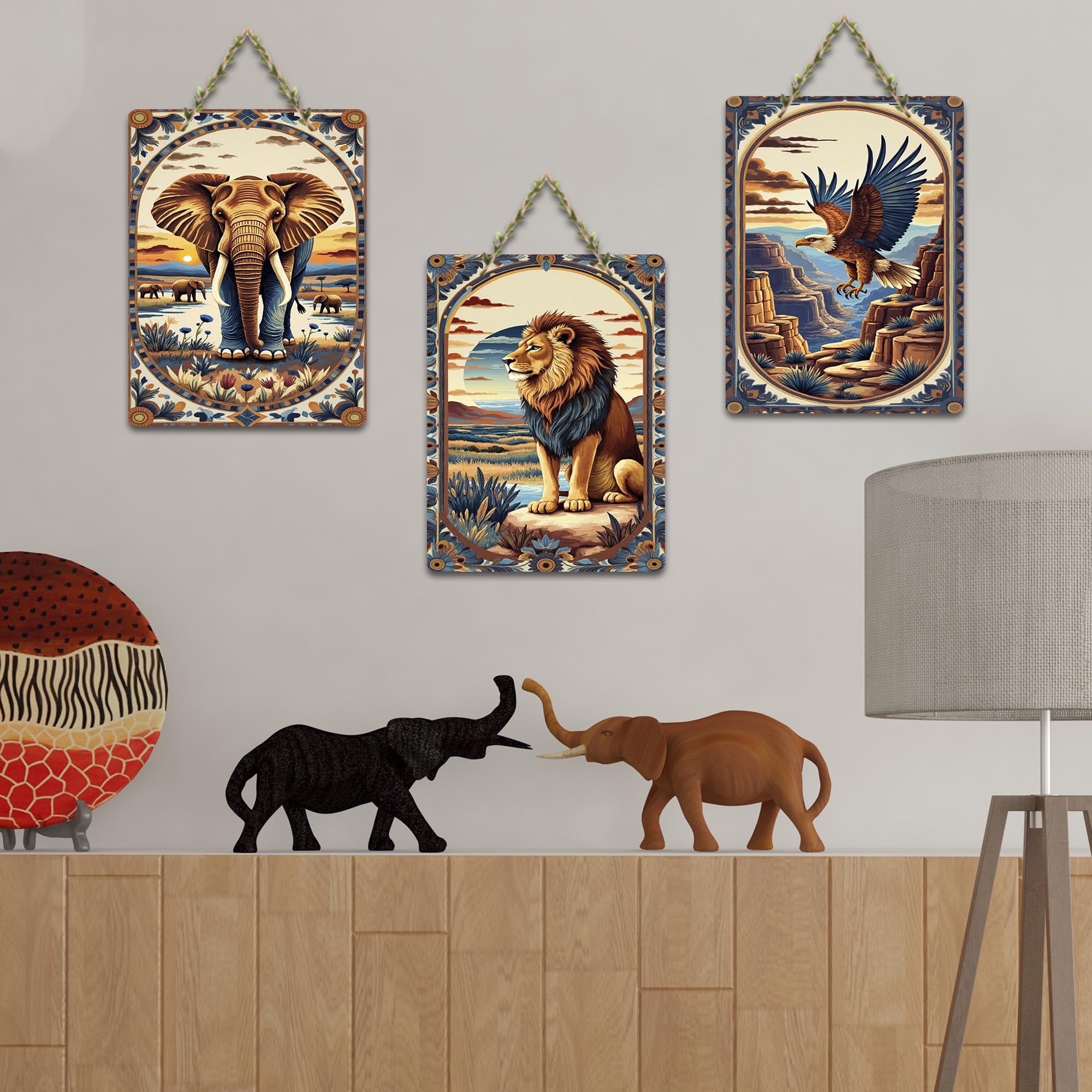 Artvibes Wild Animals Wooden Wall Hanger for Home Decor | Wall Sculpture | Signs & Plaques | Decoration Wall Hanging Items | Graphic Artwork | Wall Poster | Unique Gift (WH_9614N), Set of 3
