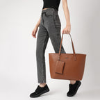 Fastrack Weave Tote | Faux-Leather Women's Tote Bag | Tan totebag with Wallet & Utility Pockets