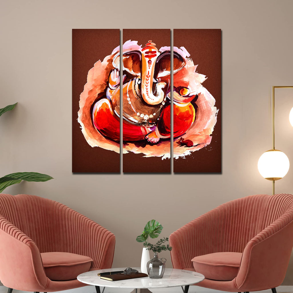 VIBECRAFTS Devotional Shree Ganesha 3 Pieces Canvas Wall Painting Fitted With Wooden Frame For Home | Office | Living Room | Gifts (PTVC3Pcs1_9578)
