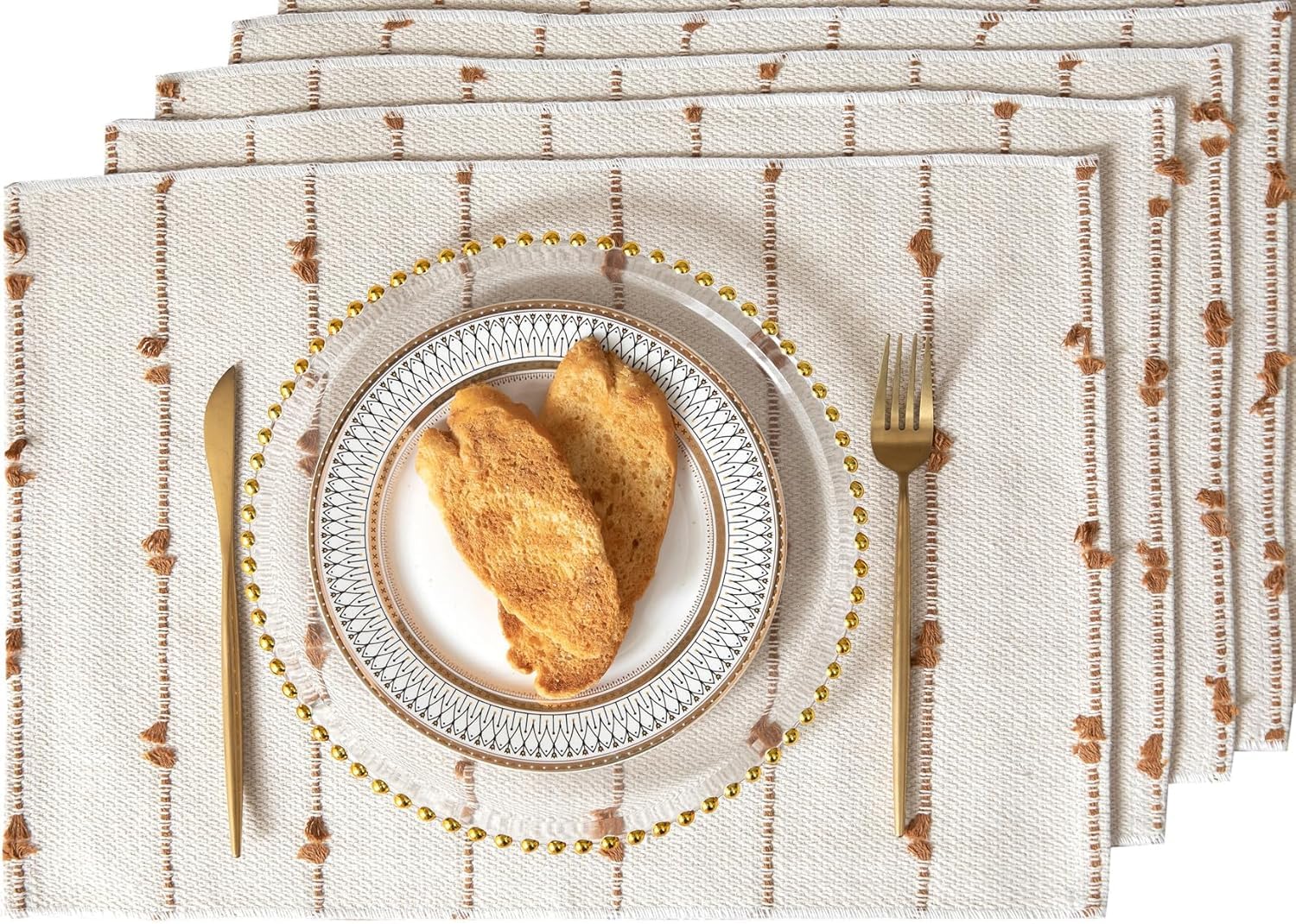 ALSTONIA Handmade Designer Cotton Dining Table Placemats | Heat Resistant Dining Table Place Mats |Kitchen Tabletop|Kitchen Coffee Center Table & Eating Areas (Brown & White, 4 Pcs Placemats) Kafalo