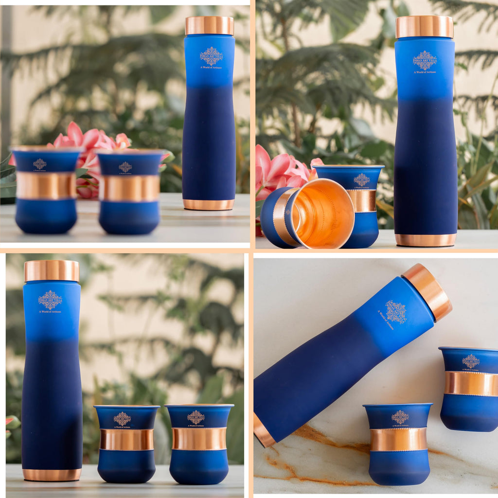 INDIAN ART VILLA Copper Bottle & Glass Gift Set - 950 ml Water Bottle & 2 Glasses (300 ml Each) - Pure Copper with Blue Ombre Silk Finish, Perfect for Gifting & Everyday Use