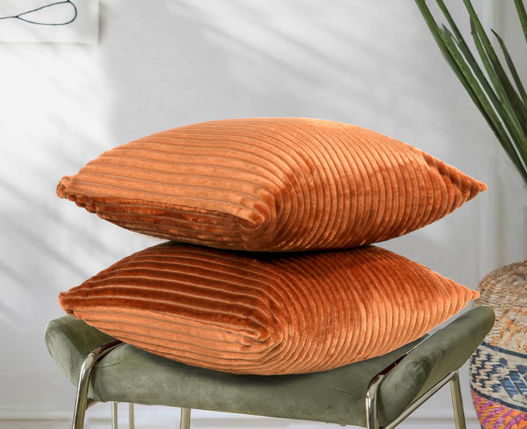 RD TREND® Cushion Cover Set of 2, Decorative Sofa Living Room Home Square Cushion Covers 24 Inch x 24 Inch, Aesthetic Corduroy Striped Double Sided (Golden)