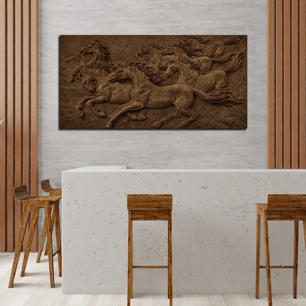 VIBECRAFTS Canvas Paintings for Living Room Drawing Room 3D Seven Horses Running Premium Wall Painting Fitted with Wooden Frame for Home|Office|Gift(PTVCH_2296NV)