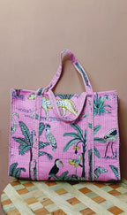 HOUSE OF GULAB Cotton Tote Bag with Long Handle & Inside Pocket, Reusable Canvas Shopping Tote Bag for Women & Men, Large Shoulder Bag for Grocery, Office, College, Travel & Daily Use (Baby Pink)