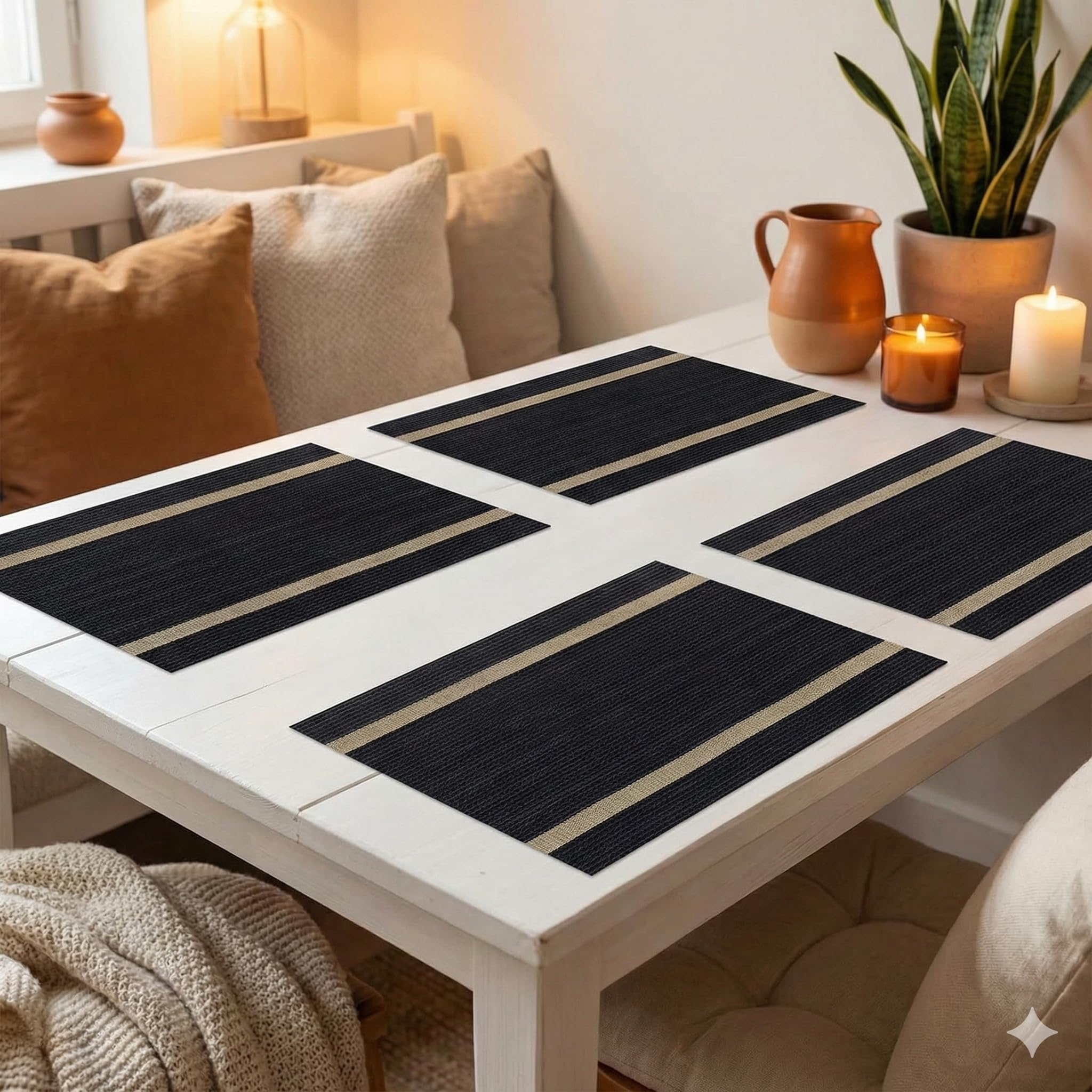 YELONA Placemats Set of 4, Heat-Resistant Woven Vinyl Table Mats, Non-Slip & Washable Dining Tablemats for Kitchen & Dinner Decor, Black & Beige (45cm x 30cm) Kafalo
