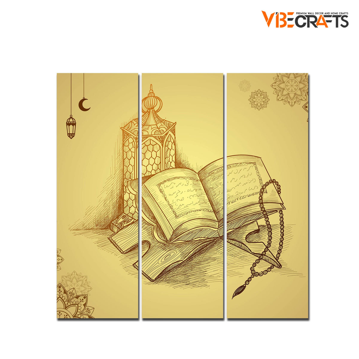VIBECRAFTS The Holy Book Quran 3 Pieces Canvas Wall Painting Fitted With Wooden Frame For Home | Office | Living Room | Gifts (PTVC3Pcs1_9587)