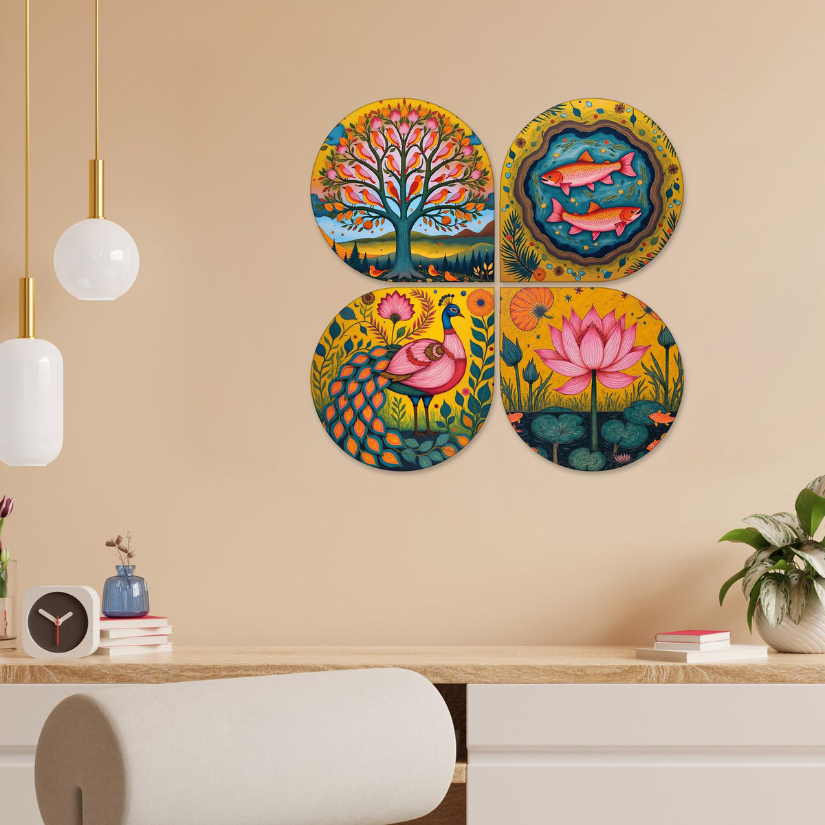 Artvibes Nature Decorative MDF Wooden Wall Art for Home | Art For Wall | Wall Sculpture | Signs & Plaques | Festive Decor | Wall Art Print | Handcrafted Art | Unique Gift Items (WH_8461N), Set of 4