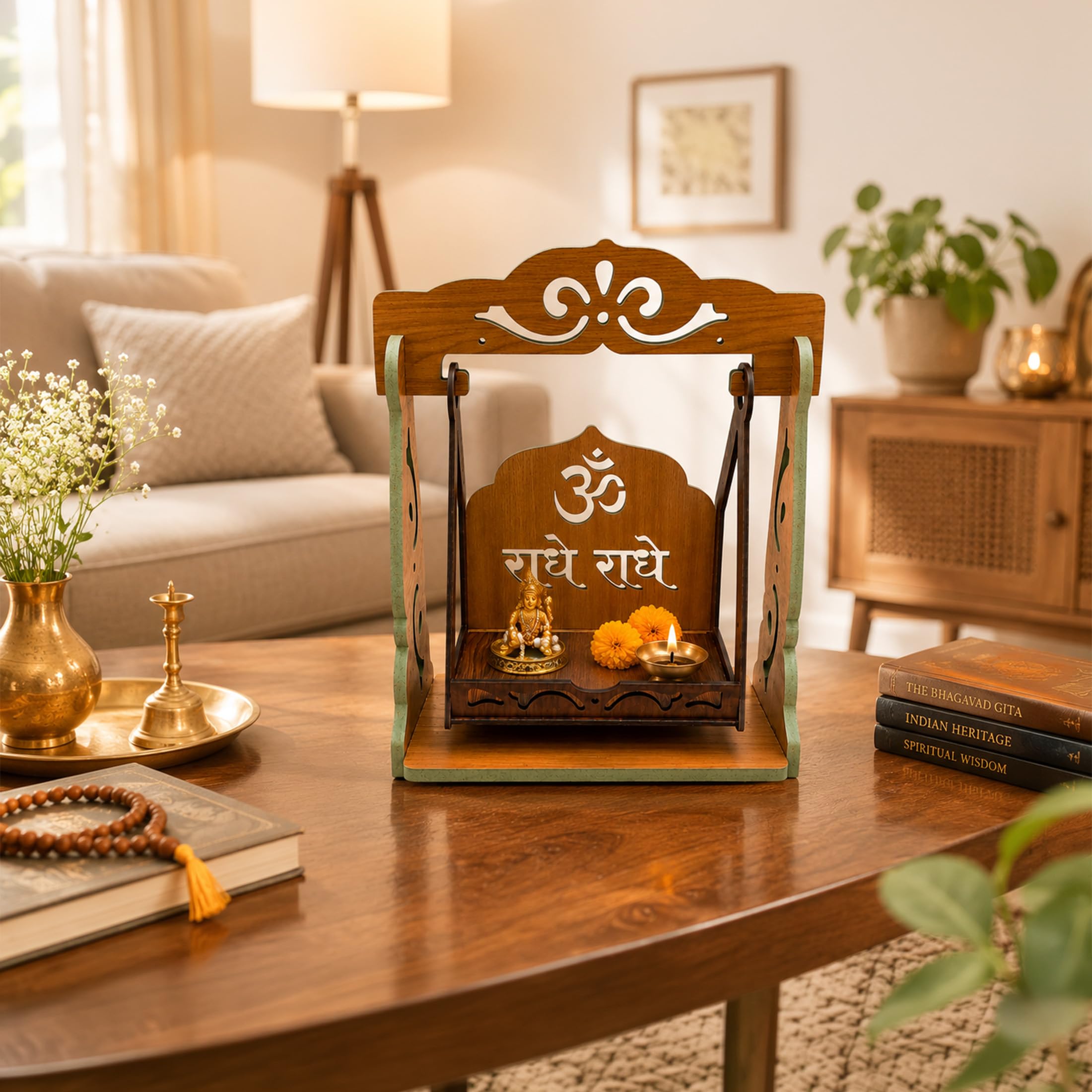 Wooden Jhula Singhasan Mandir for Pooja Room, Radhe Radhe