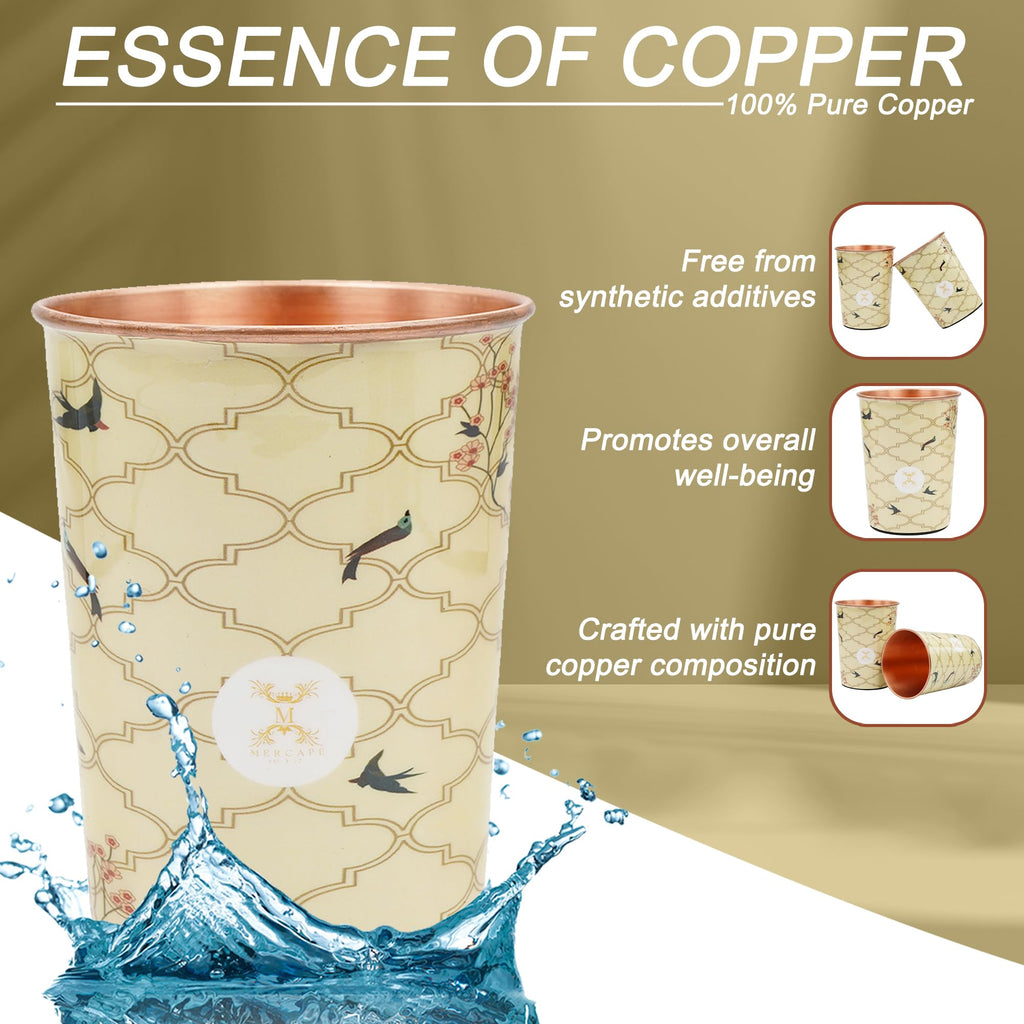 MERCAPE® 100% Pure Copper Glasses Set of 2 | Designer Meena Print | 300ml Each | Ayurvedic Benefits | Handmade Copper Tumblers for Daily Use & Gifting (Multiple Designs) (Beige Swallow Design)
