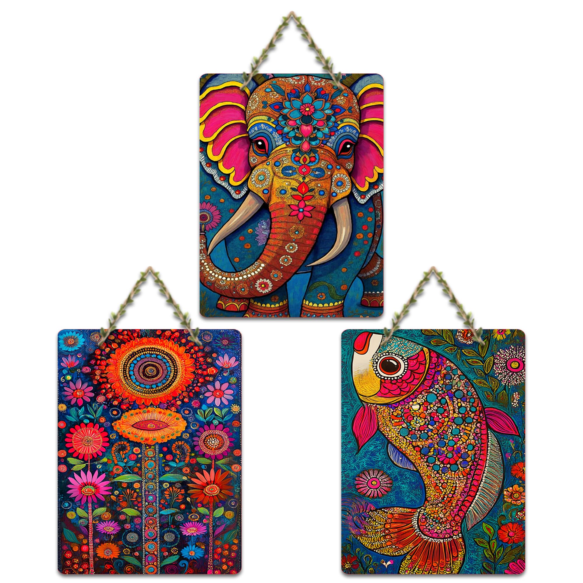 Artvibes Artistic Elephant & Fish Designer Modern Art Wooden Art Decoration Item for Home | Art For Wall | Wall Sculpture | Signs & Plaques | Aesthetic Wooden Decor | Ideal Gifts (WH_9623N), Set of 3