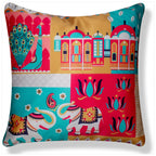 Vendola Decorative Satin Sofa Cushion Covers Set of 5, 24 Inch x 24 Inch, Sofa Pillow Cover, Ethnic Festive, Multicolor, Elephant Peacock Design, Zipper Closure (Majestic, 24X24 Inches)