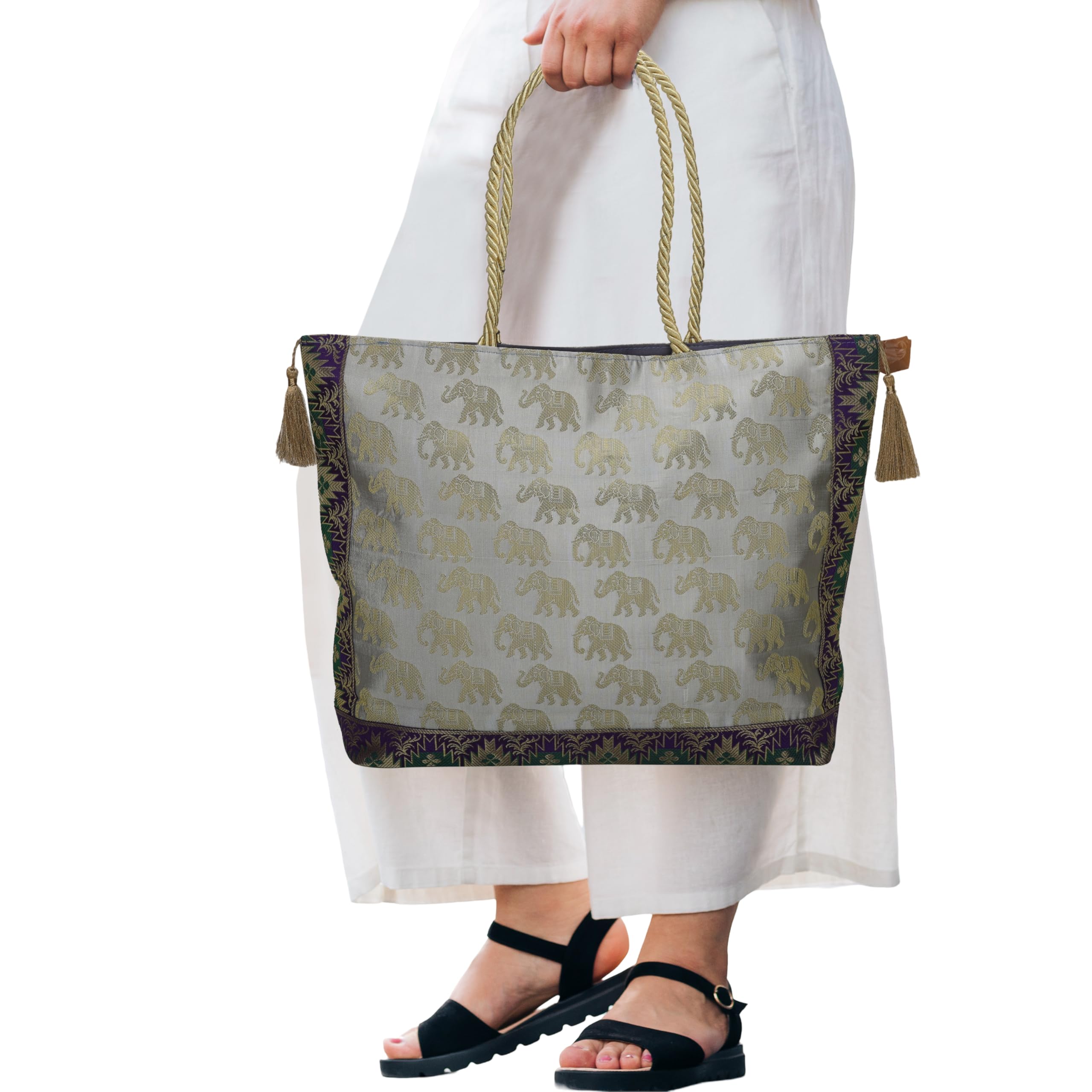 E - Ezra Designer Ethnic Handmade Brocade Silk Tote Bag For Women's Shoulder Bag Shopping Bag For Girls 16 Inch (Grey)