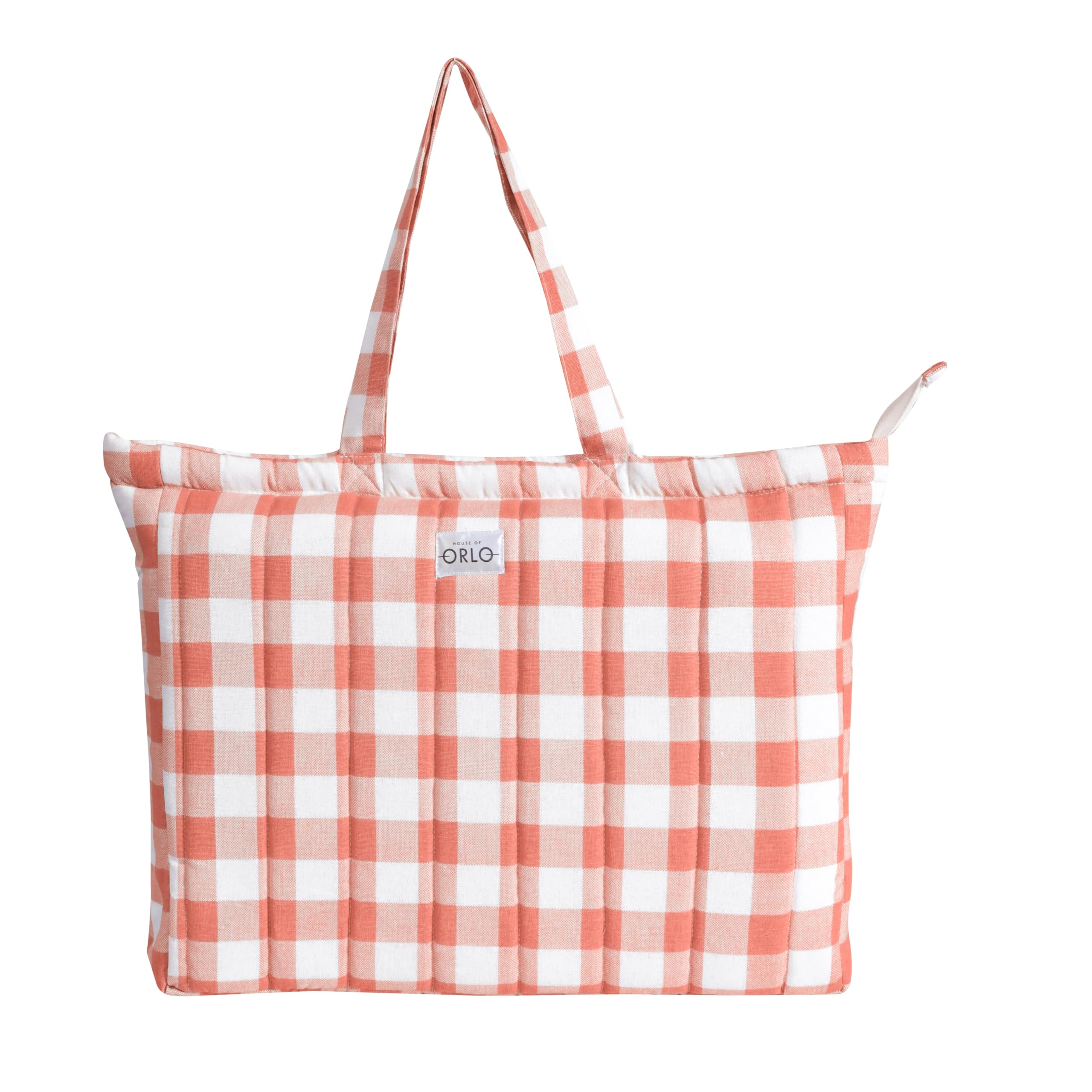 HOUSE OF ORLO: Pinteresty QUILTED 100% Cotton Checked Tote Bags with Zipper for Women - For College, Travel, Work and Daily Use -Large, Terracotta