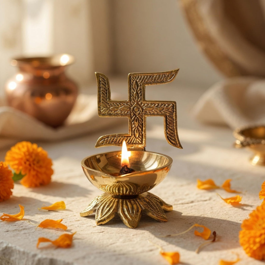 Behoma 100% Pure Brass Swastik Diya for Puja