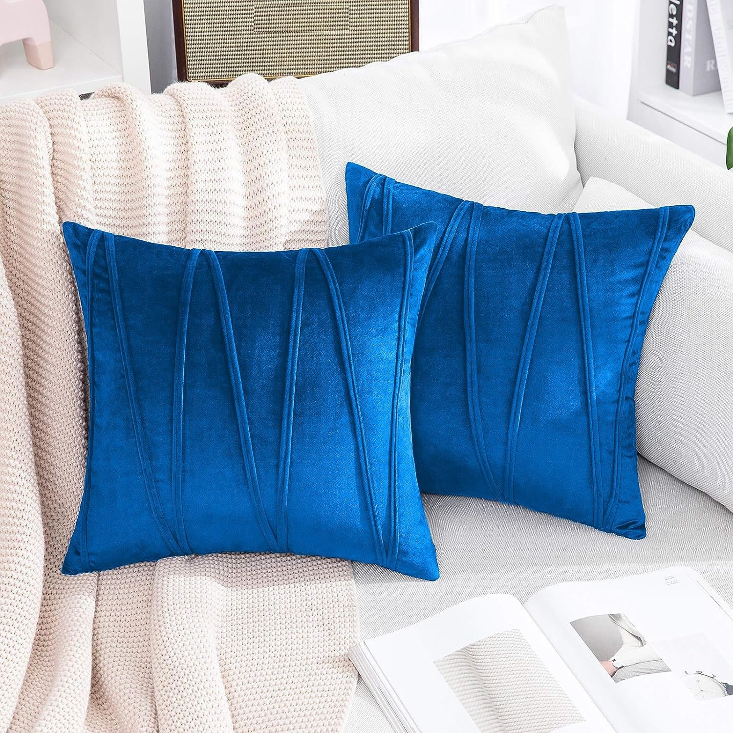 Khooti Velvet Striped Cushion Cover Pack of 1-18X18/45.72X45.72 Cm | Bondi Blue | Soft Pillow Covers Cushion Case for Sofa Bedroom Living Room Chair Car, Cushion Cover with Zig Zag Pattern