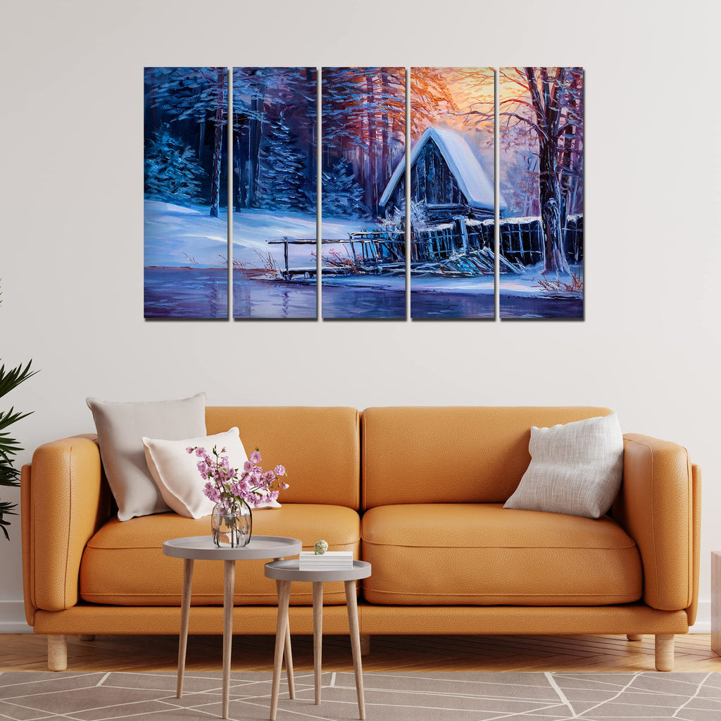 VIBECRAFTS Sunset In Winter 5 Pieces Canvas Wall Painting For Home | Office | Living Room | Gift (PTVC5Pcs4_8548)