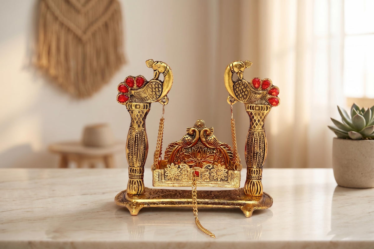 KridayKraft Laddu Gopal Jhula for Krishna Idol, Peacock Metal Palna with Gold Finish & Stone Work, Bal Gopal Swing Singhasan for Janmashtami, Home Mandir, Pooja & Gifting, 20 x 9.5 x 19 cm