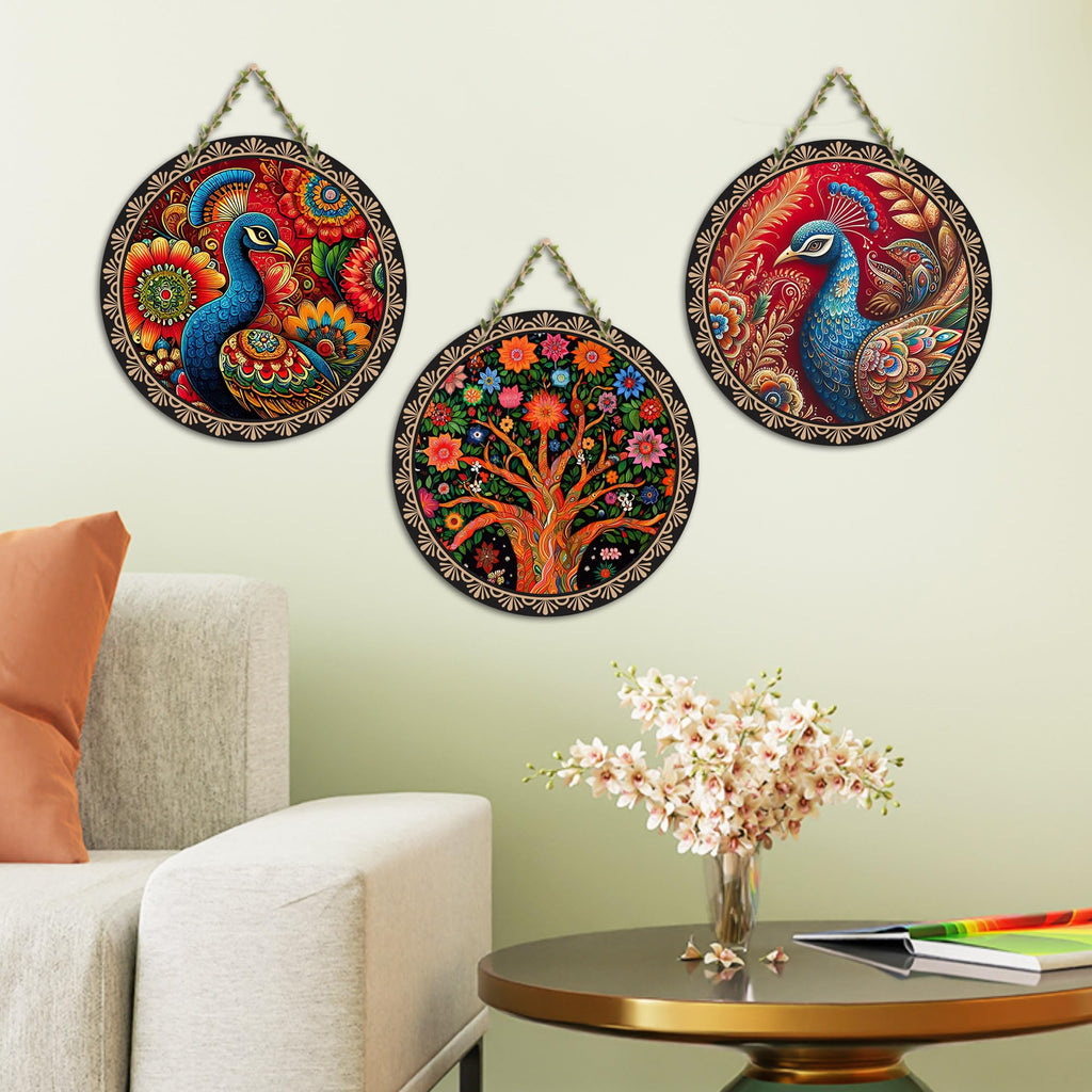 Artvibes Peacock Art Round Shape MDF Wooden Wall Decor Items | Home Decor | Wall Accent | Scenery For Drawing Room | Wall Art Print | Door Hanging Art Items | Unique Gift Items (WH_9904N), Set of 3