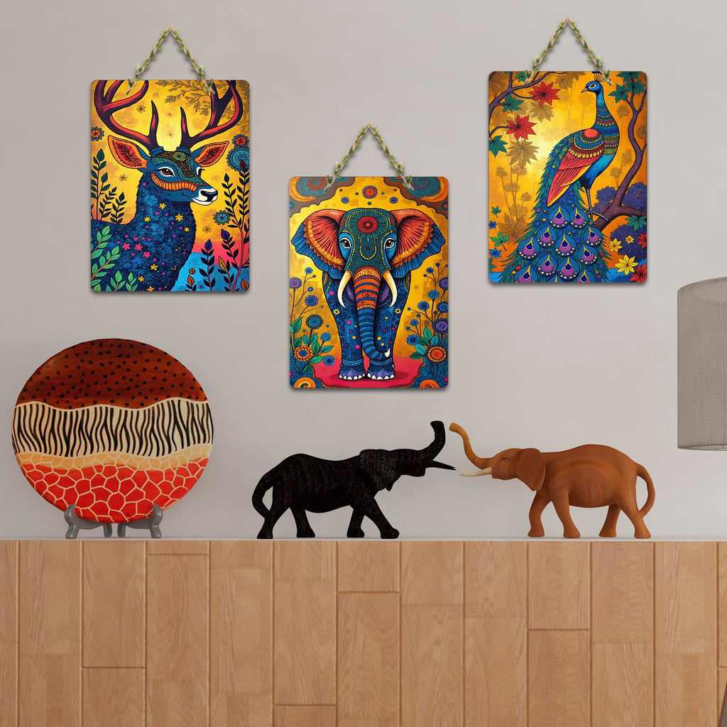 Artvibes Sacred Elephant Jungle Wooden Art Decoration Item for Home | Wall Sculpture | Signs & Plaques | Modern Decor Artwork | Wall Poster | Handcrafted Art | Ideal Gifts (WH_9666N), Set of 3